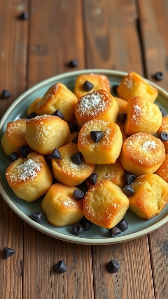 Decadent Bread Pudding Bites Recipe A plate of golden-brown bread pudding bites dusted with powdered sugar, with chocolate chips, on a rustic wooden table.